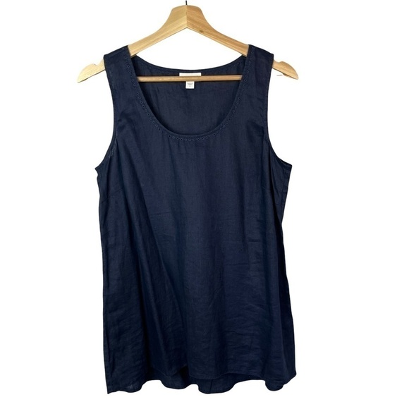 J. Jill Linen Blue Scoop Neck Eyelet Trim Sleeveless Tank Top S - Picture 1 of 3